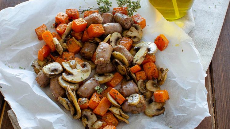saucisse, potiron et champignons
